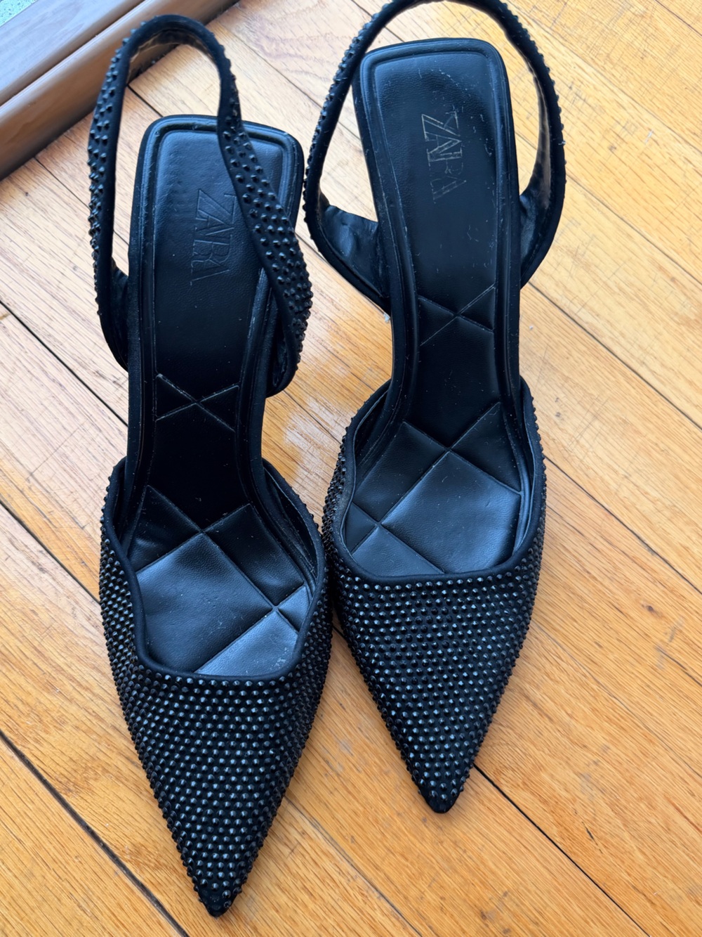 Zara Black Pointed Slingback Heels with Rhinestone Detailing